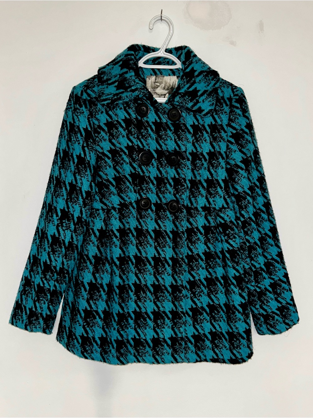 Vintage Mac & Jac Double-Breasted Teal/Black Button Houndstooth Pea Coat Small